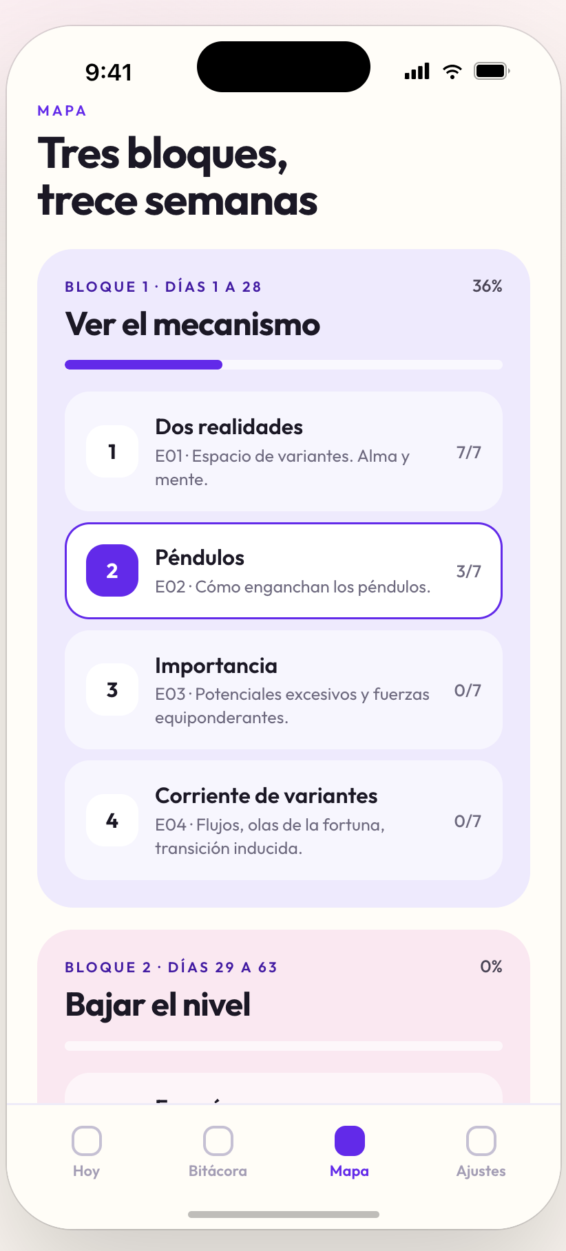 Pantalla: mapa de semanas